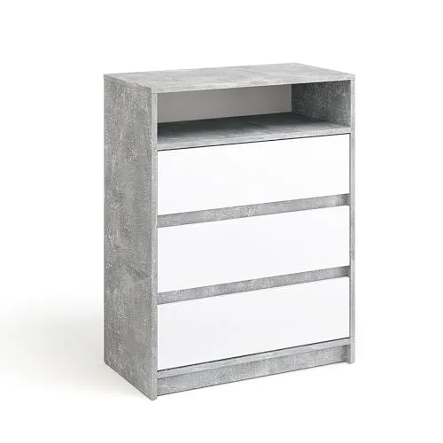 KOMTO Kommode Leon - 3 Schubladen und offenes Fach für elegantes Wohnen - Vielseitige Kommode für Schlafzimmer und Flur mit 3 Schubladen und 1 offenem Fach. Das moderne Design in Beton/Weiß passt in jedes Zuhause. Die Montage ist dank beiliegender Anleitung einfach.