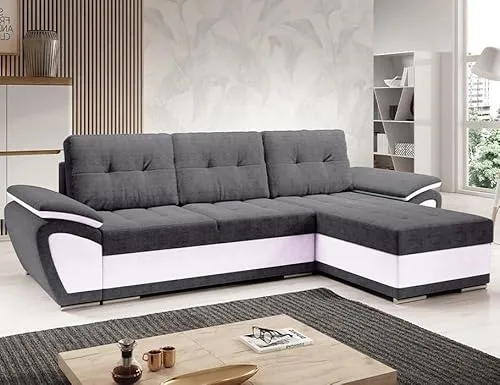 Easy4You ENZO Grau/Weiß Ecksofa L-Form Rechts 268 x 97 x 157 cm mit Schlaffunktion und Stauraum - Schlafsofa mit Bettkasten - Moderne Wohnzimmermöbel – Stoff: SORO 93 + Soft 17