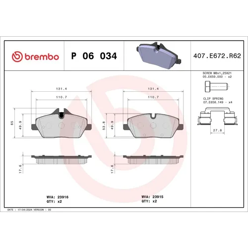 Bremsbelagsatz BREMBO P 06 034, Vorne - Bremsbeläge für optimale Sicherheit, Hersteller: BREMBO, Vorbereitung für Verschleißkontakt, ideal für sportliches Fahren und schnelle Bremsreaktion.