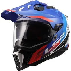 LS2 Endurohelm MX701 Explorer Hexa Weiß Blau Rot L - Hochwertiger LS2 Endurohelm MX701 mit robustem Carbon-Material, integrierter Sonnenblende und abnehmbarem Visier. Ideal für Abenteuerfahrten mit optimalem Komfort und Sicherheit.