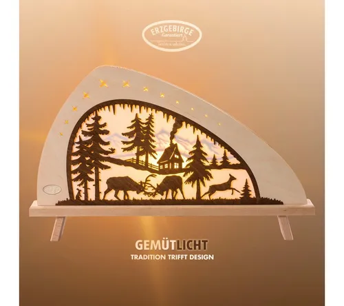 weigla Dekoleuchte Erzgebirge - Motiv Rotwild mit LED - Nussknacker - Hochwertige Holzkunst aus dem Erzgebirge, ideal als Weihnachtsdeko für Ihr Fenster mit gemütlichem LED Licht.