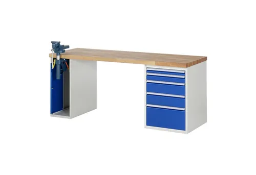 Rau Werkbank Modell 7511 mit 5 Schubladen und Schrank - Standardwerkbank mit Buche-Massiv-Arbeitsplatte, 1000 kg Flächenlast und 5 Jahre Qualitätsgarantie – ideal für professionelle Werkstätten.