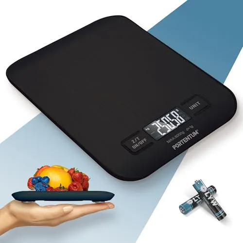 PORTENTUM Küchenwaage digital 5kg. mit großem LCD-Display, Digitalwaage, Briefwaage mit Großer Edelstahl Wiegefläche, Flüssigkeitsmessung, hohe Präzision auf bis zu 1g, Tara-Funktion, Schwarz