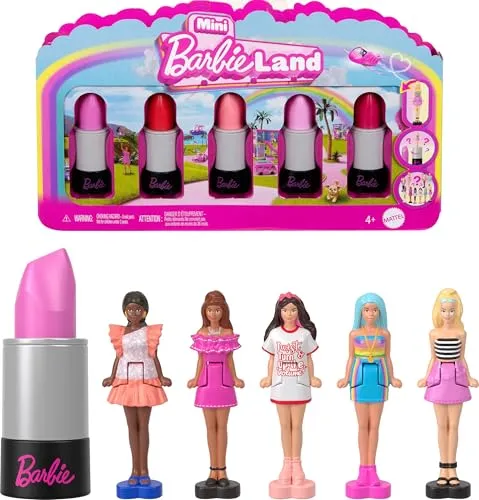 Barbie Mini BarbieLand 5er-Set Fashionistas-Puppen, ca. 3,8 cm große Minipuppen in Lippenstifthülsen, Sammelset mit Überraschungen (Stile können abweichen), JBD26