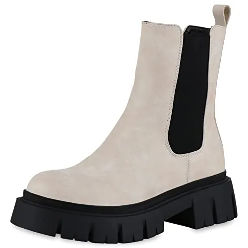 VAN HILL Damen Plateau Boots - Beige Schwarz, Größe 36 - Wanderschuhe mit 2,5 cm Plateau und Profil-Sohle für optimalen Halt. Ideal für Frühling und Herbst, stylish und bequem für jeden Outdoor-Ausflug.