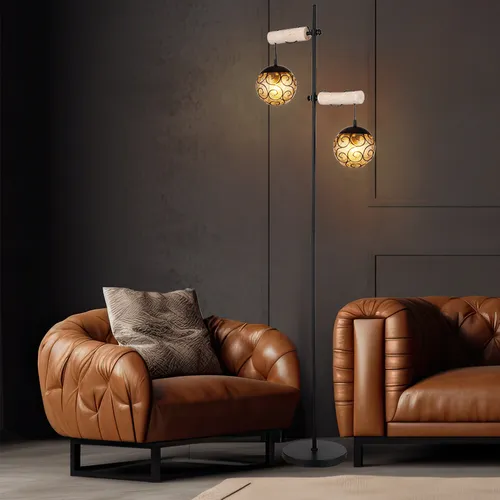 Höhenverstellbare Stehlampe mit Holz- und Glasschirm, 2x E27