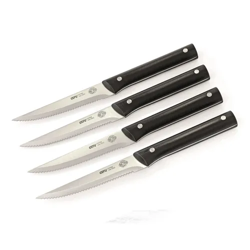 GEFU Steakmesser BBQ 4er-Set – Ergonomische Edelstahl-Wellenschliffklingen - Steakbesteck für müheloses Schneiden von Fleisch, Pizza und Gemüse – 4-teiliges Set mit extrem scharfen Klingen und ergonomischem Griff, spülmaschinengeeignet für einfache Reinigung.