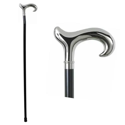 DELFA Design Gehstock Spazierstock - mit silbernem Derby Griff - schwarzer Holzschaft - die Elegante Gehhilfe