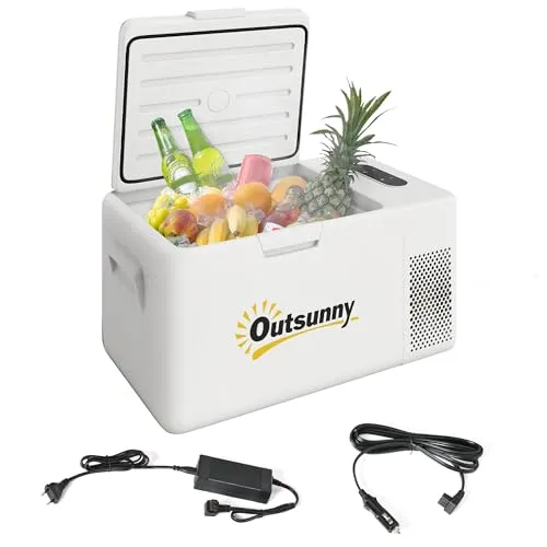 Outsunny 16,8 Liter Kompressor Kühlbox elektrisch Mini Kühlschrank bis -20℃ Kühlbox mit LED Anzeige Modus Anschluss Kühlfunktion leise Gefrierbox Thermobox 12/230 Volt für Auto Lkw Reisen Cremeweiß