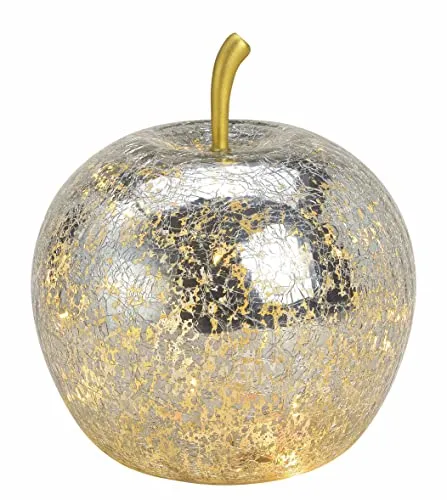 Spetebo LED Crackle Glas Apfel 16 cm - silber - Deko Frucht in Bruchglas Optik - Tisch Lampe Leuchte mit Drahtlichterkette Batterie betrieben mit Timer