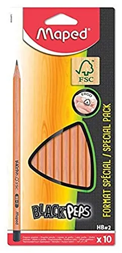 Maped - 10 Bleistifte Graphitschwarz & Peps - 10 Bleistifte & Agrave; HB Paper Painted Tip – Ergonomisch und Dreieckig – Zertifizierte Holzstifte 100% FSC