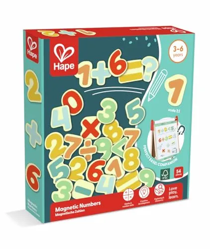 Hape Magnetische Zahlen – 54-teiliger Zahlensatz mit Rechenzeichen, Bunte Holz-Magnete für Tafel und Kühlschrank, Lernspielzeug, ab 3 Jahren