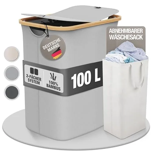 Wäschekorb 100L mit 2 Deckeln und 2 Fächern – Faltbarer Wäschesammler aus Bambus-Stoff Hellgrau – Wäschebox, Wäschetruhe, Wäschebehälter, Wäschetrenner für Bad, Schlafzimmer & Waschküche