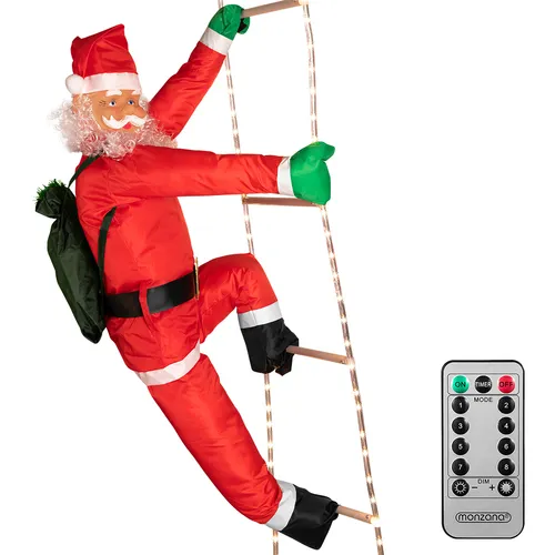 Monzana Weihnachtsfigur Weihnachtsmann auf Leiter mit LED Beleuchtung, 240cm - Große Weihnachtsmann-Figur auf Leiter für Innen- und Außenbereich, spritzwassergeschützt (IP44) mit 120 warmweißen LEDs und 8 Leuchtfunktionen. Inklusive Fernbedienung und Timer für einfache Bedienung.