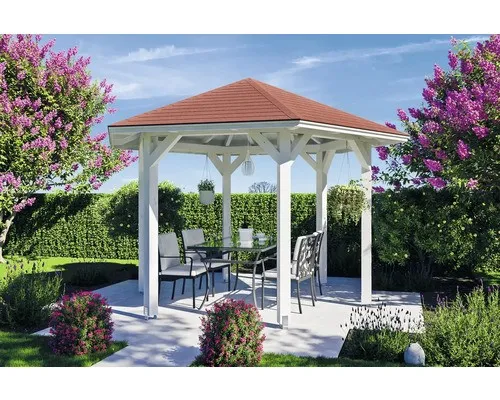 SKAN HOLZ Nancy Pavillon Gr. 2 - Ø 420 cm, weiß - Eleganter 6-eckiger Pavillon aus hochwertigem Holz, ideal für Gartenpartys oder entspannte Stunden im Freien. Robuste Konstruktion und stilvolles Design.