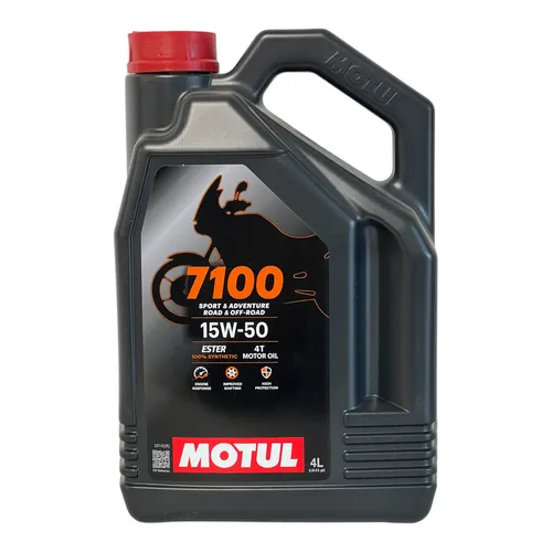 MOTUL 7100 4T SYNTHETIC ENGINE OIL 15W 50 4LT - Hochleistungs-Motoröl für 4-Takt-Motorräder, bietet hervorragenden Schutz und Leistung unter extremen Bedingungen.