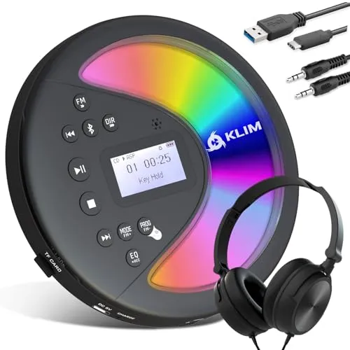 KLIM Discover Mit Kopfhörern + Tragbarer CD-Player Walkman mit langlebigem Akku + Radio FM + Kompatibler MP3-CD-Player + SD-Karte, FM-Transmitter, Bluetooth + Ideal für Autos + Portable CD Player