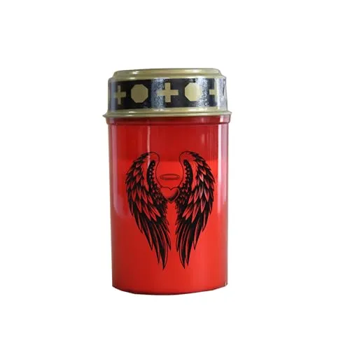 Fachhandel Plus LED Grablicht Rot mit Batterien – Grabkerze LED, Grableuchte Ewiges Licht mit Motiv Engelsflügel, wetterfest mit Ein-/Ausschalter für Friedhof & Gedenkstätte