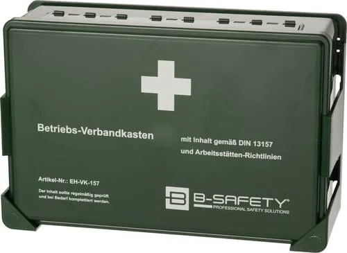 B-SAFETY EH-VK-157 Verbandskasten DIN 13157 - Erste Hilfe Betriebsverbandkasten mit Wandhalterung, inklusive hochwertigem Erste Hilfe Material nach DIN 13157, schlagfest und ideal für Betriebe jeder Art.
