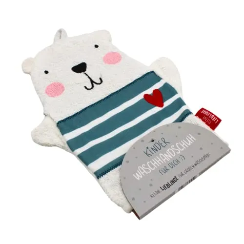 Dekohelden24 Waschhandschuh/Waschlappen/Kinder-Waschhandschuh mit Schlaufe, Motiv: Bär, 100% Baumwolle, Größe H/B ca. 24 x 19 cm