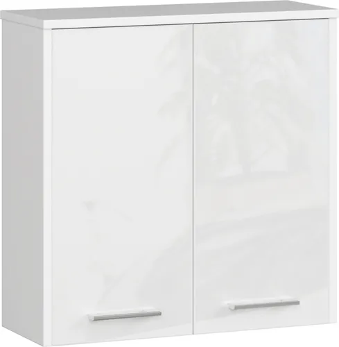 Freistehender Badezimmerschrank: zwei Türen, zwei Einlegeböden, Farbe: weiß | weiß glänzend, Möbelmaße: B: 60 cm, H: 60 cm, T: 22,5 cm.