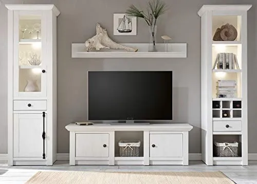 Wohnwand Hooge im Landhausstil - 4-teiliges Wohnwandsystem in Pinie weiß, bietet viel Stauraum und besticht durch hochwertige Verarbeitung und romantische Holzoptik.