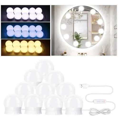 NVIYAM 10 LED Spiegelleuchte mit 3 Farbe, Dimmbar Hollywood Schminktisch Licht, Schminktisch Beleuchtung, Schminklicht für Spiegel, Schminktisch Lampe, Geeignet für Schminkspiegel