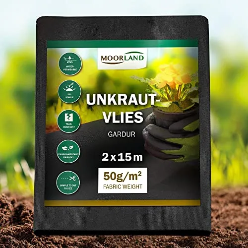 Moorland Unkrautvlies für Garten 30m² Gartenvlies Wasserdurchlässig 2m breit Gardur – Unterbodengewebe Unkrautflies UV-Beständig Reißfest Folie gegen Unkrautgewebe Unkrautfolie Mulchfolie Schwarz