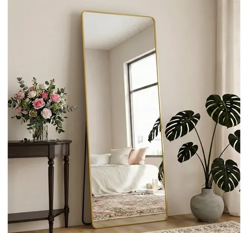 SONGMICS Ganzkörperspiegel mit Vergrößerungsspiegel, 150 x 40 cm, gold - Eleganter Ganzkörperspiegel mit integriertem Vergrößerungsspiegel für präzise Outfit-Kontrolle. Sicherheitsglas sorgt für erhöhte Sicherheit im Alltag. Ideal für jedes Zuhause und jeden Einrichtungsstil.