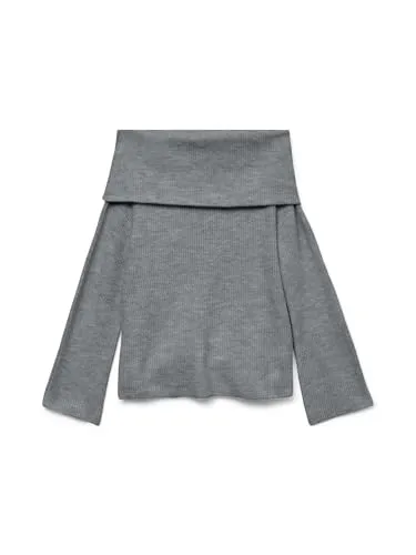 Modischer Strickpullover VERO MODA VMERA LS OFF SHOULDER - Damen Pullover in Medium Grey Melange, aus elastischem Rippstrick für hohen Tragekomfort und einen modischen Look. Ideal für lässige Freizeitoutfits.