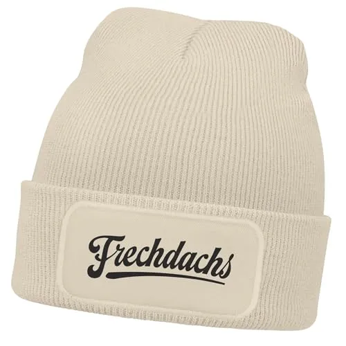 MoonWorksWintermütze Kinder Beanie für Jungen mit Patch Aufdruck Schriftzug Frechdachs Print Strickmütze Beige Unisize