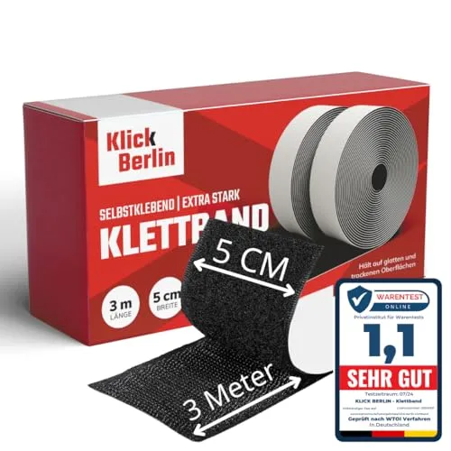 Klick Berlin Klettband Selbstklebend Extra Stark 5 cm x 3 m | Klett Klebeband klebt auf vielen Flächen | Klettverschluss | 50mm breit, 3 Meter lang | Schwarz