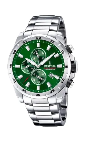 Festina Quarz Herren Timeless Chronograph F20463/3 - Stilvolles Design in Grün und Silber - Chronographen mit grünem Zifferblatt und hochwertigem Edelstahlarmband, perfekt für modebewusste Männer.