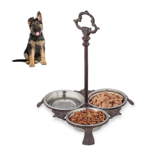 Gusseisen Futterbar 3-fach Napfhalterung - Hochwertige Napfhalterung aus rostfreiem Gusseisen, stabil und ideal für Haustiere, Maße: 31,5 x 30 x 37 cm, elegantes Design für ein stilvolles Futterarrangement.
