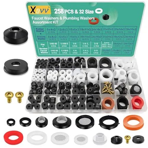 XBVV 32 Größe 258 PC Wasserhahn und Sanitär Gummi Unterlegscheiben Sortiment Kit für verschiedene Gartenschlauch Ventil Spigot Adapter Splitter Outdoor Wasserhahn Bibb Dichtung Reparatur