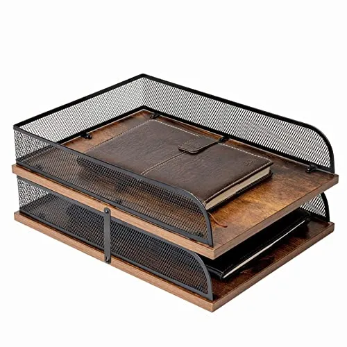 Produktbild Briefablage aus Holz und Metall, Vintage-Design, Schreibtisch-Organizer, Papierablage, Büro-Akten-Organizer (schwarz)