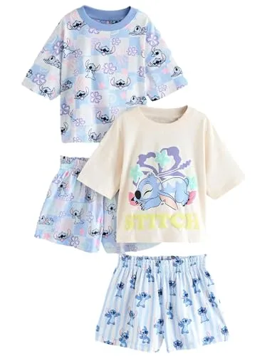 NEXT Mädchen Stitch Kurze Baumwoll-Schlafanzüge, 2er-Pack Blue/Ecru 158-