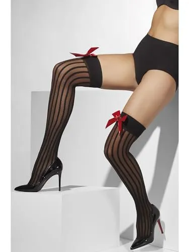 Smiffys Dünne halterlose Strümpfe, Schwarz, mit roten Schleifen und Pailletten-Herzen