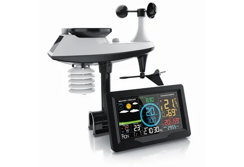 Brandson Wetterstation Funk 5 in 1 mit Außensensor - Profi-Wetterstation mit 5 in 1 Außensensor und großem 7 Zoll Farbdisplay. Misst Temperatur, Luftfeuchtigkeit, Windgeschwindigkeit und Regenmenge, ideal für präzise Wettervorhersagen.