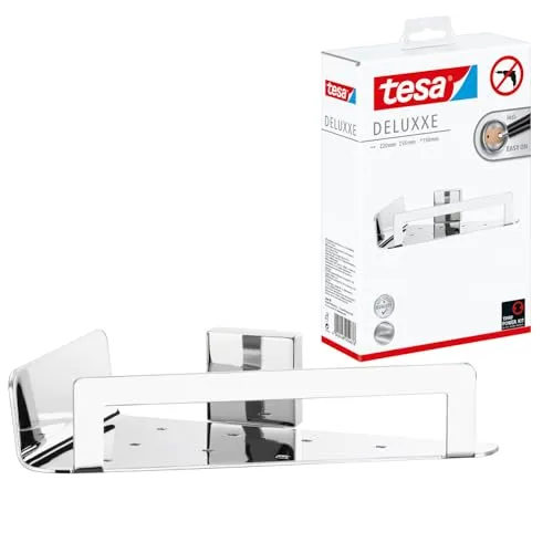Tesa Duschablage DELUXXE selbstklebend - Duschregal in chrom, rostresistent und ohne Bohren montierbar. Ideal für glatte Oberflächen, hält bis zu 6 kg und sorgt für Ordnung im Badezimmer.