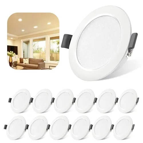 LED Spots 230V 5W IP44, 12er Set LED Einbaustrahler Flach 3000K Warmweiß, 450lm Deckenspot Einbauleuchten 68-80mm EinbauØ, Mini Slim Deckenstrahler Einbautiefe 25mm für Badezimmer Wohnzimmer Küche