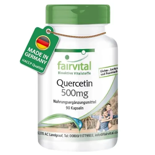 Quercetin 500 mg - 90 Kapseln | Hochdosiertes Antioxidans | VEGAN | fairvital - Nahrungsergänzungsmittel mit hochdosiertem Quercetin für allgemeines Wohlbefinden. Vegan und ohne Magnesiumstearat, ideal für gesundheitsbewusste Menschen.