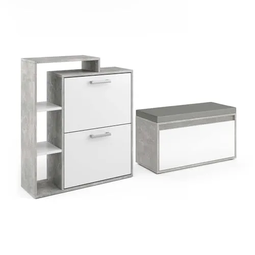 Vicco Schuhkipper Orlando, Beton/Weiß, mit Sitzbank - Stylischer Schuhkipper mit 2 klappbaren Regalen und integrierter Sitzbank. Ideal für einen aufgeräumten Flur und perfekt für moderne Wohnumgebungen.