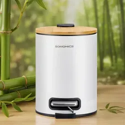 SONGMICS Mülleimer Bad 3 Liter, Kosmetikeimer mit Bambusdeckel aus Bambus, Tretmülleimer für Badezimmer, weiß - Weiß