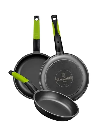 BRA Prior | Set mit 3 Bratpfannen, 18–22–26 cm, antihaftbeschichtetes Aluminiumguss, mit zwei sicheren grünen Untersetzern, geeignet für alle Herdarten, einschließlich Induktion