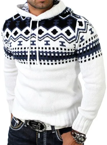 Reslad Herren Grobstrick Pullover Norweger Kapuzenpullover RS-3013 Weiß M - Pullover für Herren mit perfekter Passform und hoher Stoffqualität. Ideal für die kalte Jahreszeit, warm und bequem – der moderne Strick Hoodie für jeden Anlass!