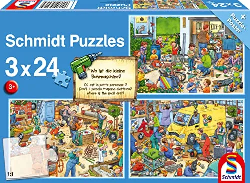 Schmidt Spiele 56417 Wo ist die kleine Bohrmaschine-3x24 Teile Kinderpuzzle, bunt, normal