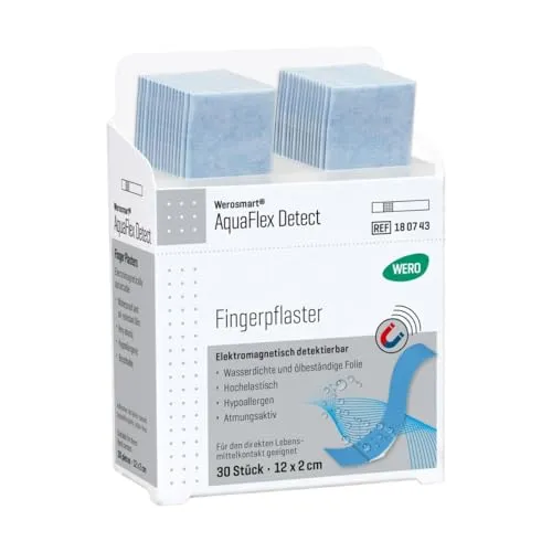 Wero Pflaster AquaFlex Detect Finger, 30 Strips - Wasserdicht & Detektierbar - Pflaster für Finger mit 30 Strips (12 x 2cm), wasserdicht und sensitiv. Ideal für die Lebensmittelbranche, da elektromagnetisch detektierbar. Hautfreundlich und latexfrei.