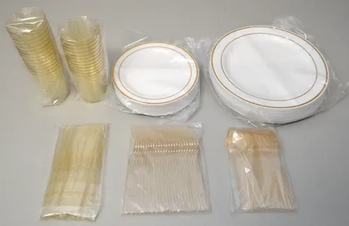 MATANA 150 Stück Mehrweg Partygeschirr Set in Weiß & Gold für 25 Gäste Neu