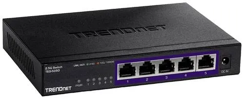 Trendnet TEG-S350 5-Port 2.5G Switch - Unmanaged Netzwerk-Switch mit 5x 2,5GBASE-T Ports für bis zu 2,5Gbps Geschwindigkeiten, lüfterloses Design für geräuschlosen Betrieb und wandmontierbar für flexible Installation.